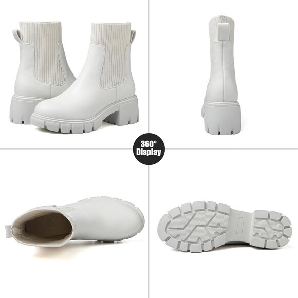 Women's White Chelsea Platform Ankle Boots Fashion Chunky Heel - Picture 2 of 7